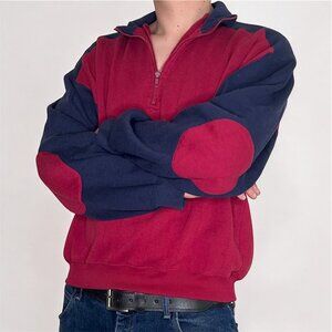 Vintage 90s Navy & Red Elbow-patched Quarter-Zip Unisex Sweatshirt / Crewneck M